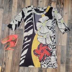 Simply Couture Womens Small Art Dress Floral Multicolor Black White Red ¾Sleeve